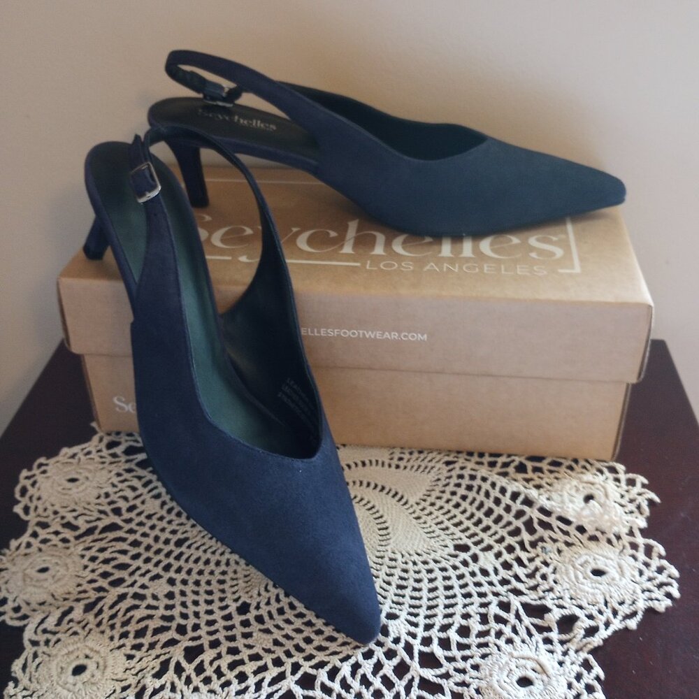 Blue Suede Kitten Heel Slingback Pointed Toe Pumps sz 10 NIB